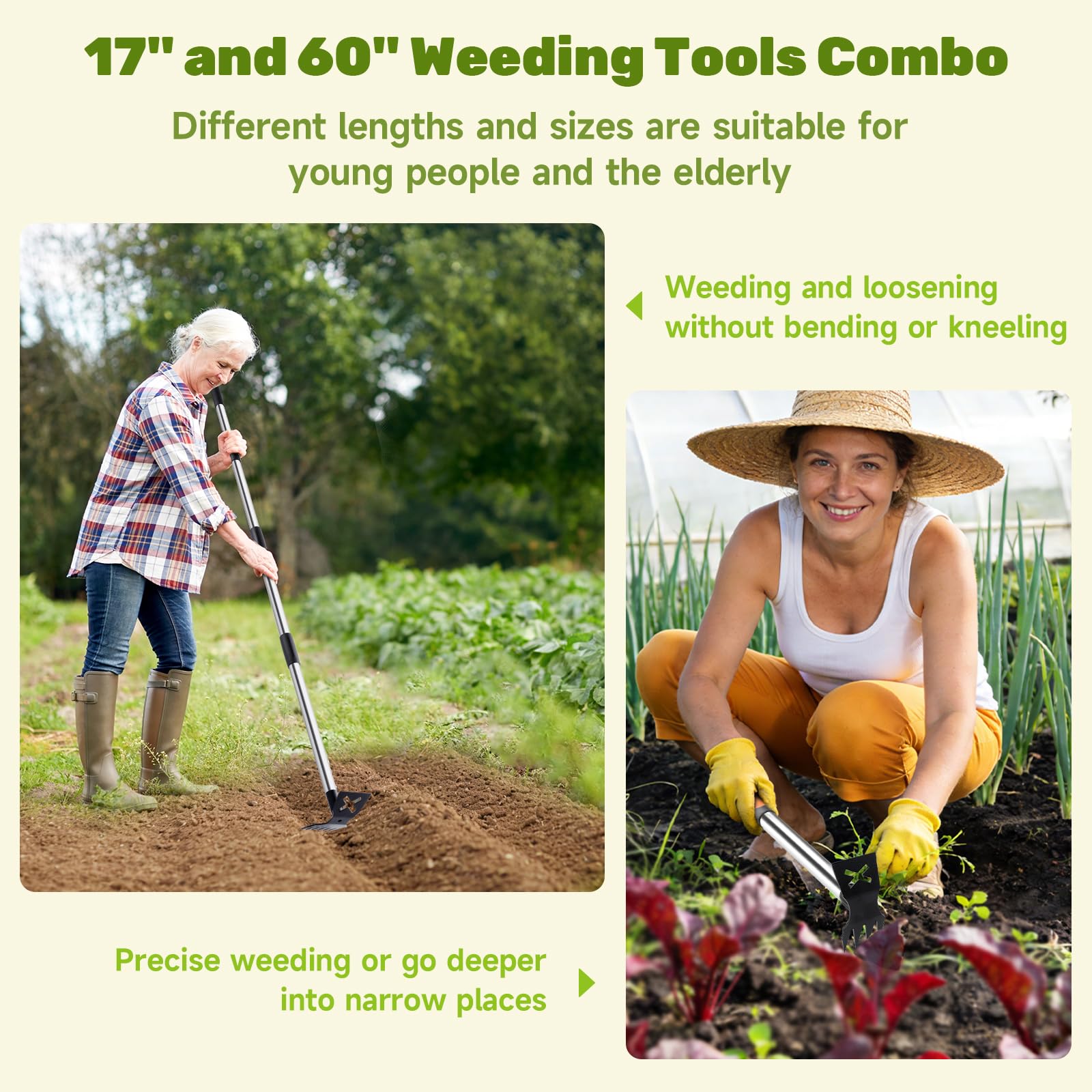 60" Weed Puller Tool with Long Handle and 17" Weeding Tools Gardening Set