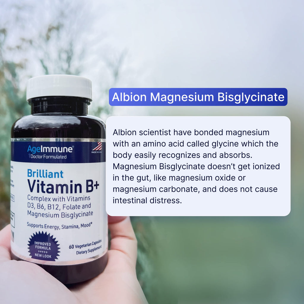 AgeImmune Vitamin B Complex with Vitamin D3 B12 B6 Magnesium Bisglycinate and Folate as Methylfolate - Doctor Formulated Methylated B Complex Supplement – 60 Capsules - Without Niacin