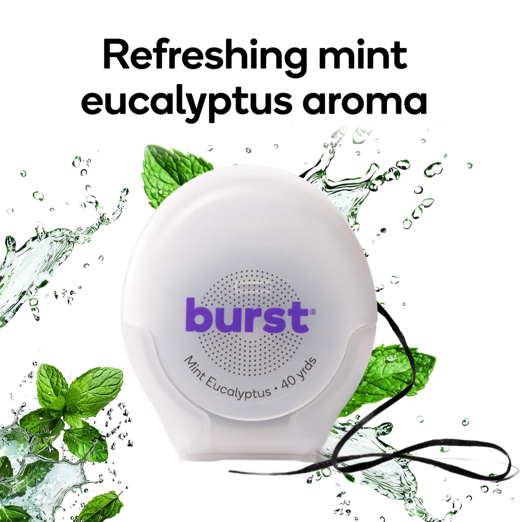 BURST Expanding Dental Floss (Mint Eucalyptus/40 Yards) | Stain Absorbing & Woven Tooth Floss with Xylitol Coating to Fight Cavities | Vegan | Paraben Free Expanding Floss
