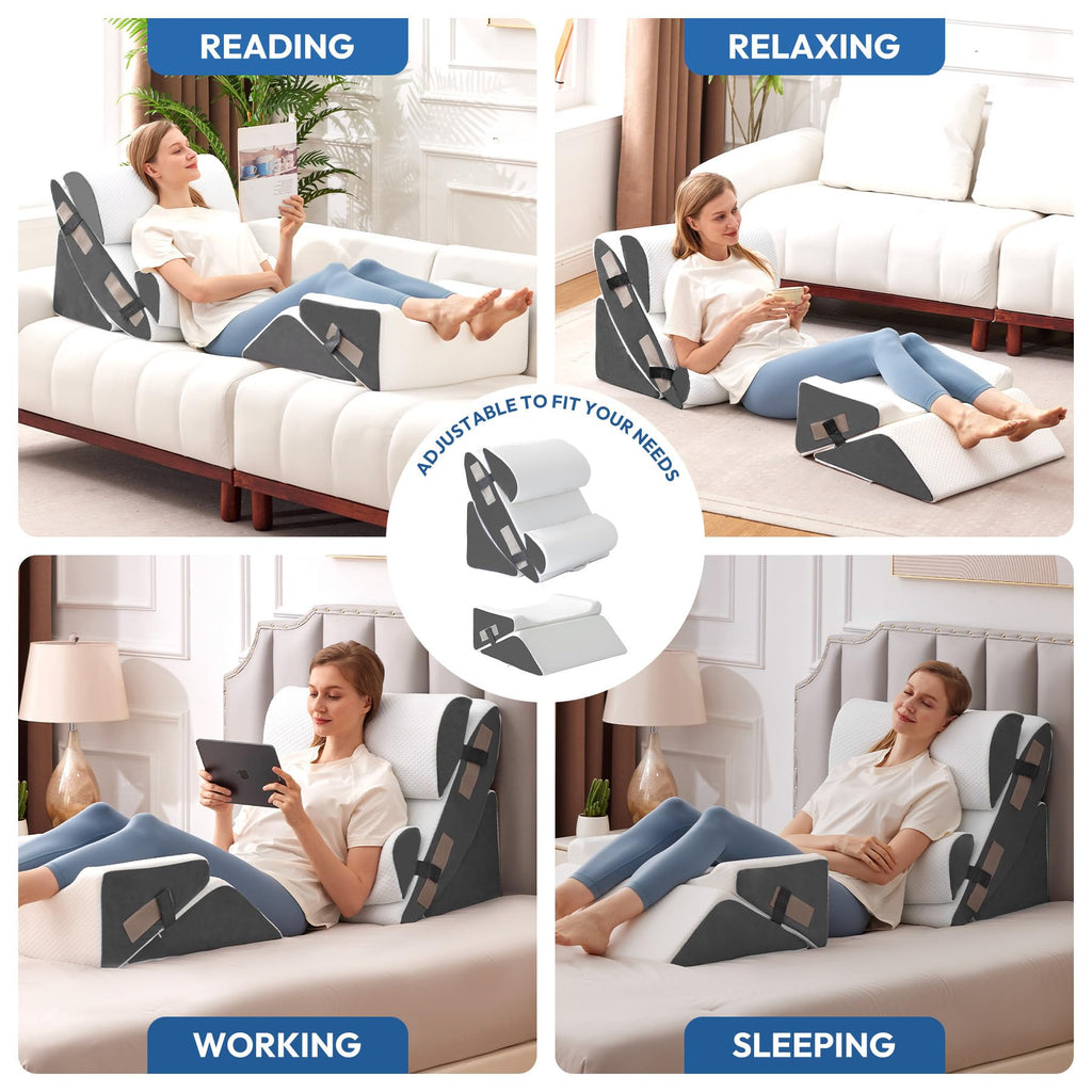 Ahpmeoa 6PCS Wedge Pillow Set for After Surgery, Bed Wedge Pillow Post Surgery, Bed Pillows for Sitting Up, Sleeping, Acid Relux, Memory Foam Back Pillow, Beds Wedges & Body Positioners, White/Grey