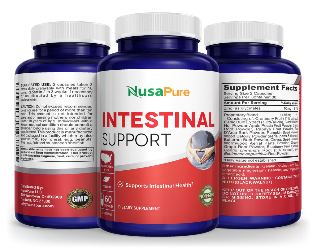 NusaPure Intestinal Support for Humans (Non-GMO), Wormwood, Garlic, Black Walnut Hull, 60 Capsules