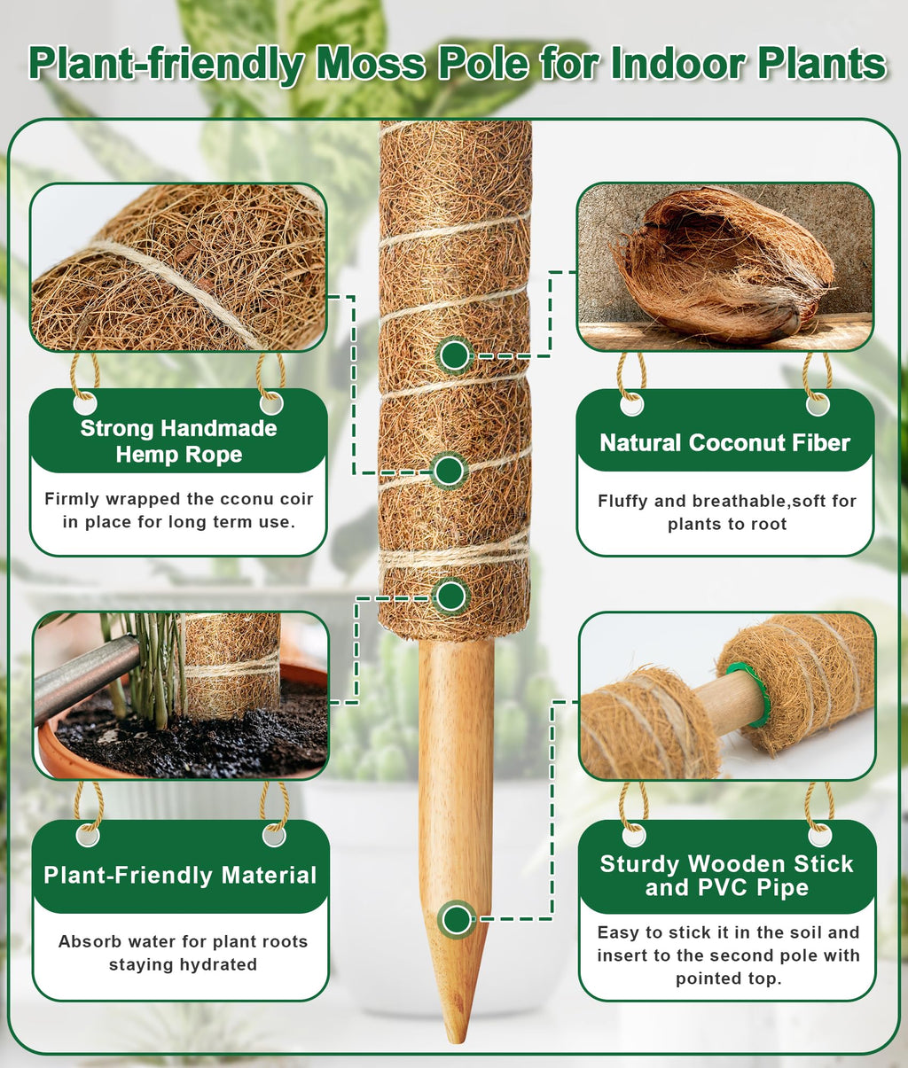 EAONE 96'' Moss Pole for Plants Indoor, 6 Pack 16” Monstera Plant Support Moss Stick for Climbing Plants, Stackable Coir Totem Pole Monstera Stakes with 12 Plant Labels & 100 Ties for Potted Plants
