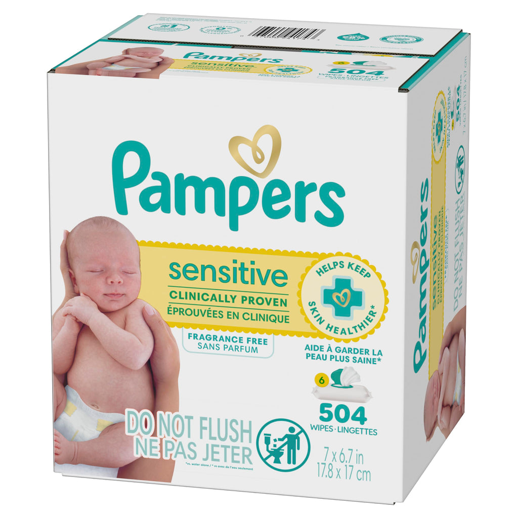 Pampers Sensitive Baby Wipes, Unscented, Fragrance Free, Clinically Proven, Water Based, Hypoallergenic, Multi-Use, Hand Wipes, 504 Wipes Total (9X Flip-Top Packs)