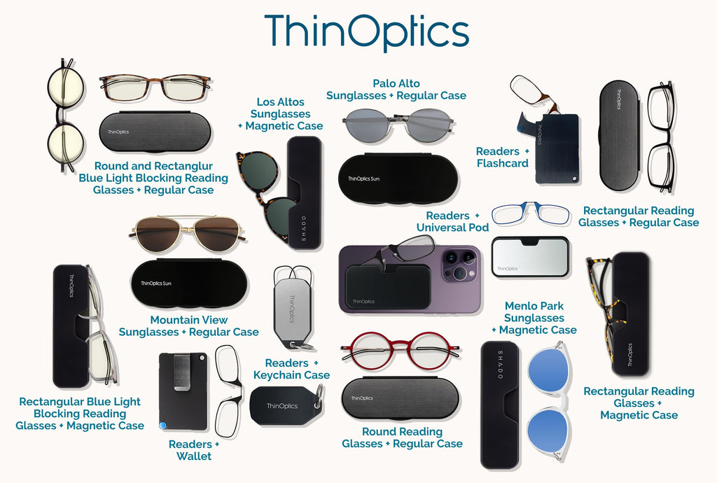 ThinOptics Keychain Case and Readers Rectangular Reading Glasses, Black, 44 mm + 1.5