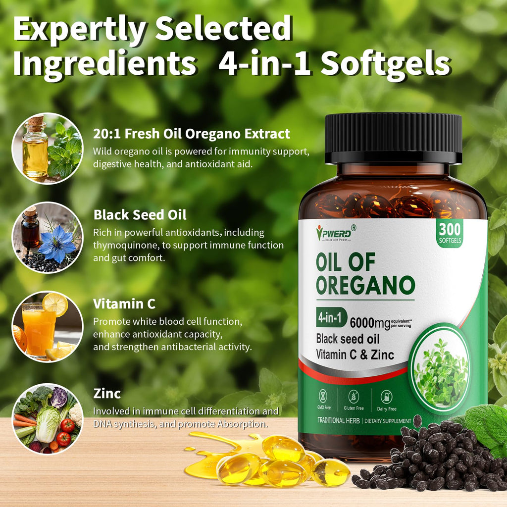 PWERD 300 Softgels Wild Oregano Oil Capsules Organic Pills of Oregano Softgels Capsules Organic with Black Seed Oil