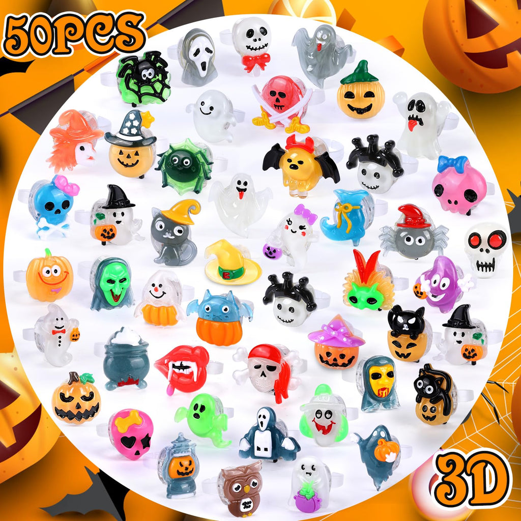 50pcs 3D Halloween Treats Toys Light Up Rings Gifts Halloween Party Favors
