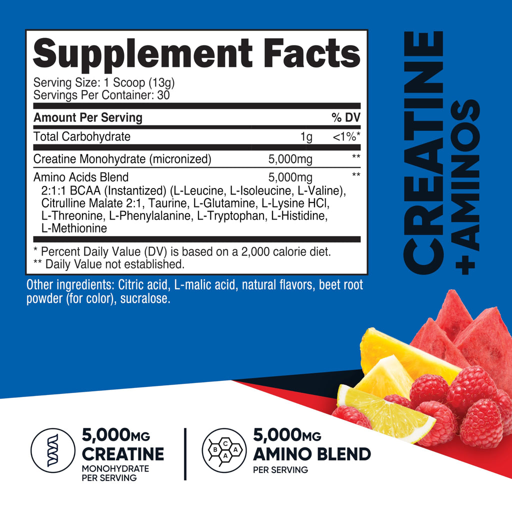 Nutricost Creatine + Aminos 30 Servings (Fruit Punch Flavored) - 5,000mg Creatine Monohydrate + 5000mg Amino BCAA Blend Per Serving