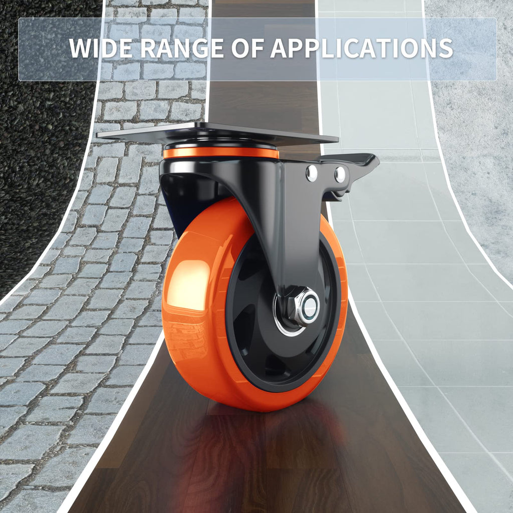 Casters Set of 4 Heavy Duty,5 Inch Caster Wheels with Brakes, Swivel Top Plate Casters No Noise Locking Castor with Polyurethane Wheels for Cart, Furniture,Workbench,Cabinet(Two Hardware Kits Include)