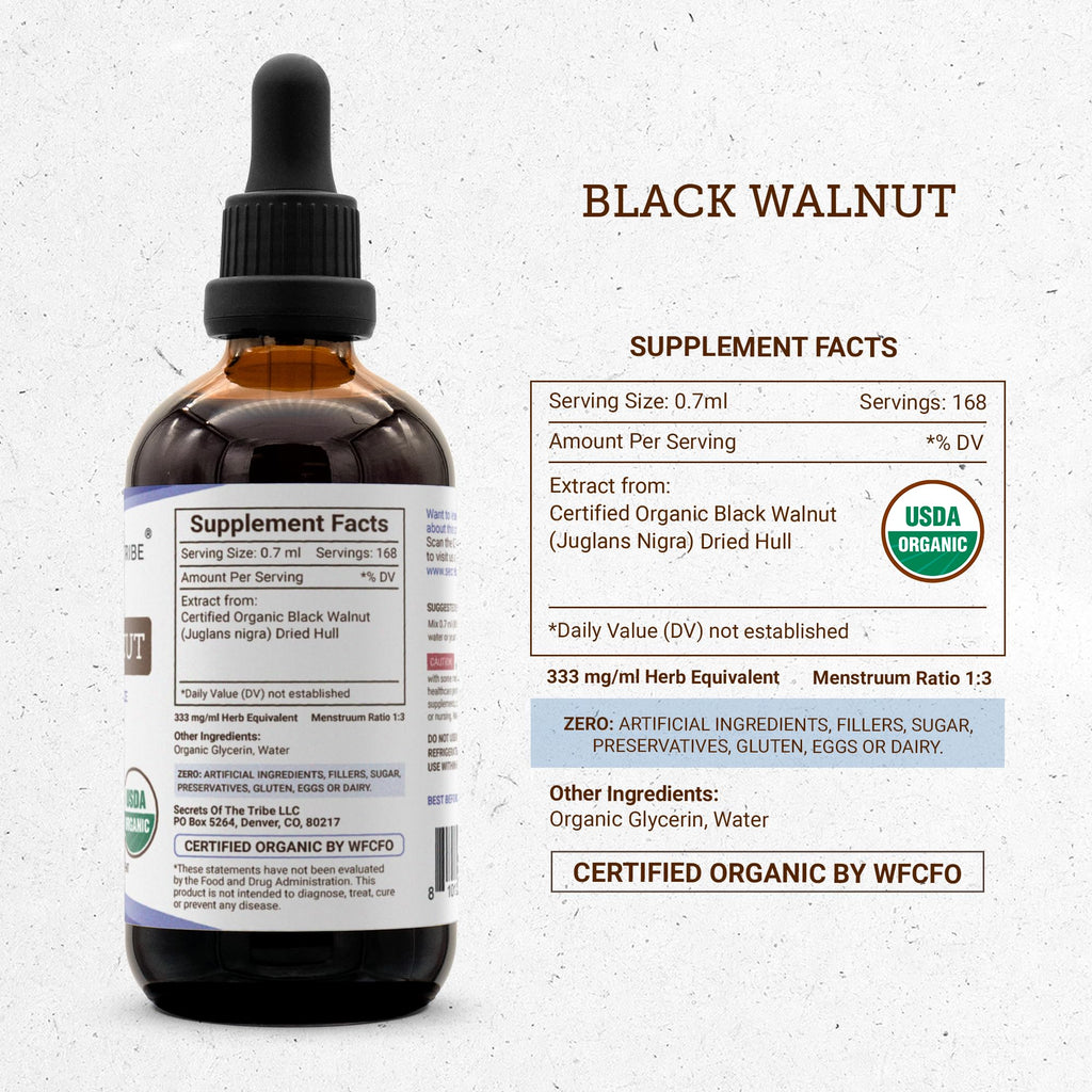 Secrets of the Tribe Black Walnut USDA Organic | Alcohol-Free Extract, High-Potency Herbal Drops | Made from 100% Certified Organic Black Walnut (Juglans Nigra) Dried Hull 4 oz