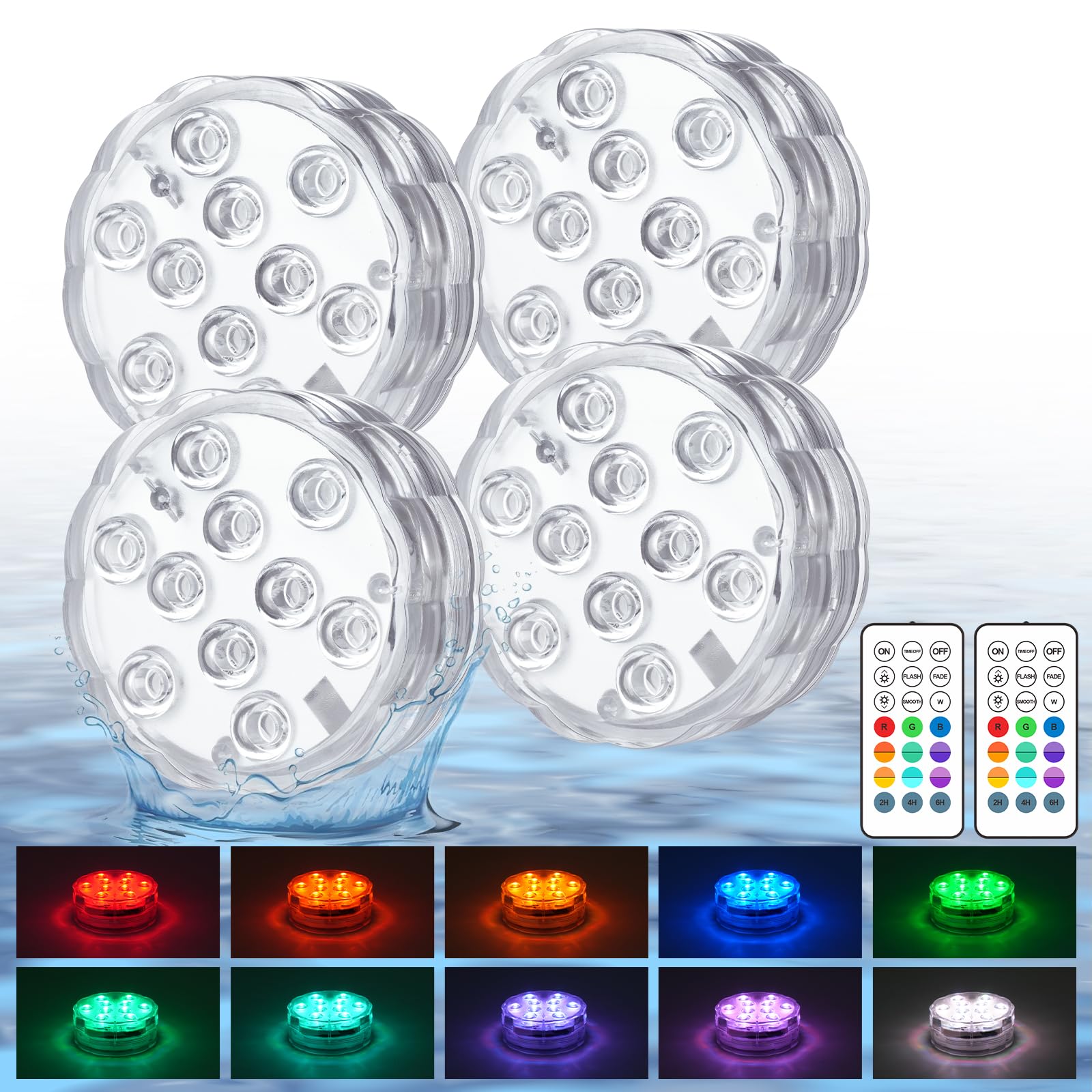 Creatrek Pool Lights with Remote, 10 Color Changing Pool Lights for Above Ground Pools, Battery Operated Submersible LED Lights for Pond, Bathtub, Hot Tub, Party, 4 Pack