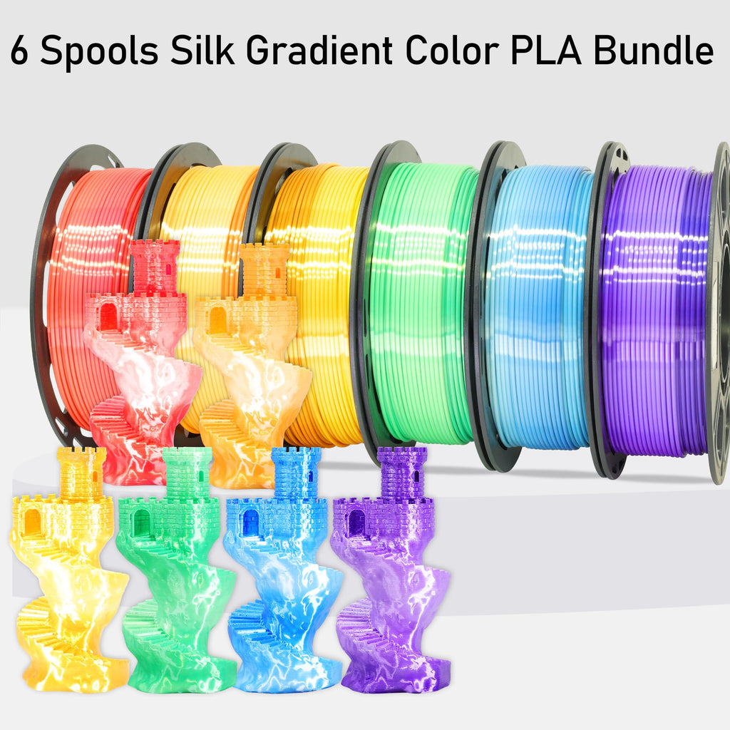 MIKA3D 2 Color Fast Change Silk PLA 1.75mm 3D Printer Filament Bundle, Silk White Color Change to Red/Orange/Gold/Green/Blue/Purple, Each Spool 250g, 6 Spools, Total 1.5kg Silk PLA Bundle 250g X 6