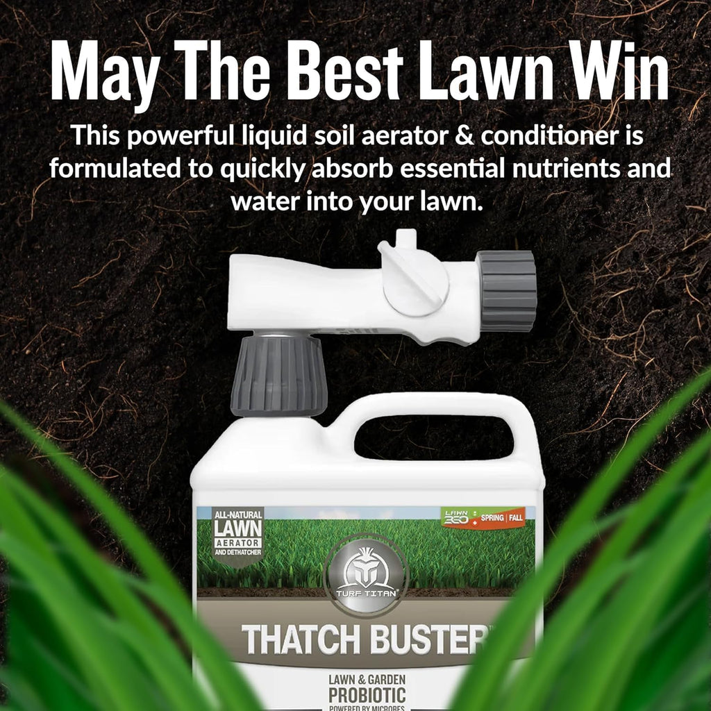 Turf Titan Thatch Buster Lawn Aerator & Grass Dethatcher (1 Gallon) – All-Natural Liquid Soil Loosener & Conditioner for Green Grass – Healthy Soil in 45 Days – Covers Up to 24,000 Sq Ft