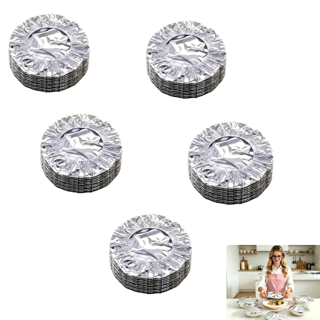 Aluminum Foil Elastic Food Cover, New Reusable Fresh Keeping Food Cover for Kitchen, Parties & Picnics, Heat Retaining Food Storage Covers for Bowls, Plates, Pots & Containers (50 Pcs)