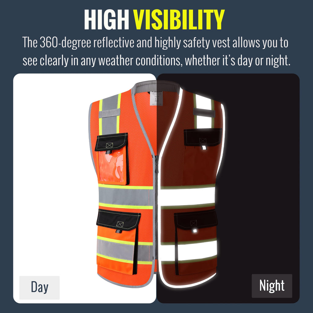 JKSafety Safety Vest for Men Women Hi Vis with Pockets and Cushioned Collar Reflective High Visibility Vest Class 2 Meet ANSI Standard Orange Color Extended Yellow Strips (BX360-Orange M) 1 Piece