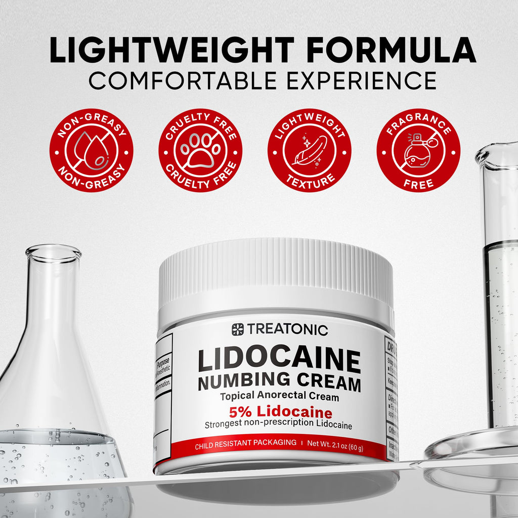 Treatonic 5% Lidocaine Numbing Cream: Lidocaine Cream Maximum Strength for Pain Relief, Itching, Burning, Soreness, Hemorrhoid - Fast Acting & Long Lasting Numbing - 2.1 oz (2-Pack)