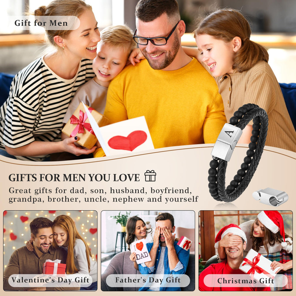 LUXEJEW Mens Bracelet - Leather Beaded Bracelets for Men Matte Agate Beads J Initial Bracelet for Mens Jewelry Fathers Day Ideas Gifts for Grandpa Dad Son Birthday Gifts for Men Husband Boyfriend