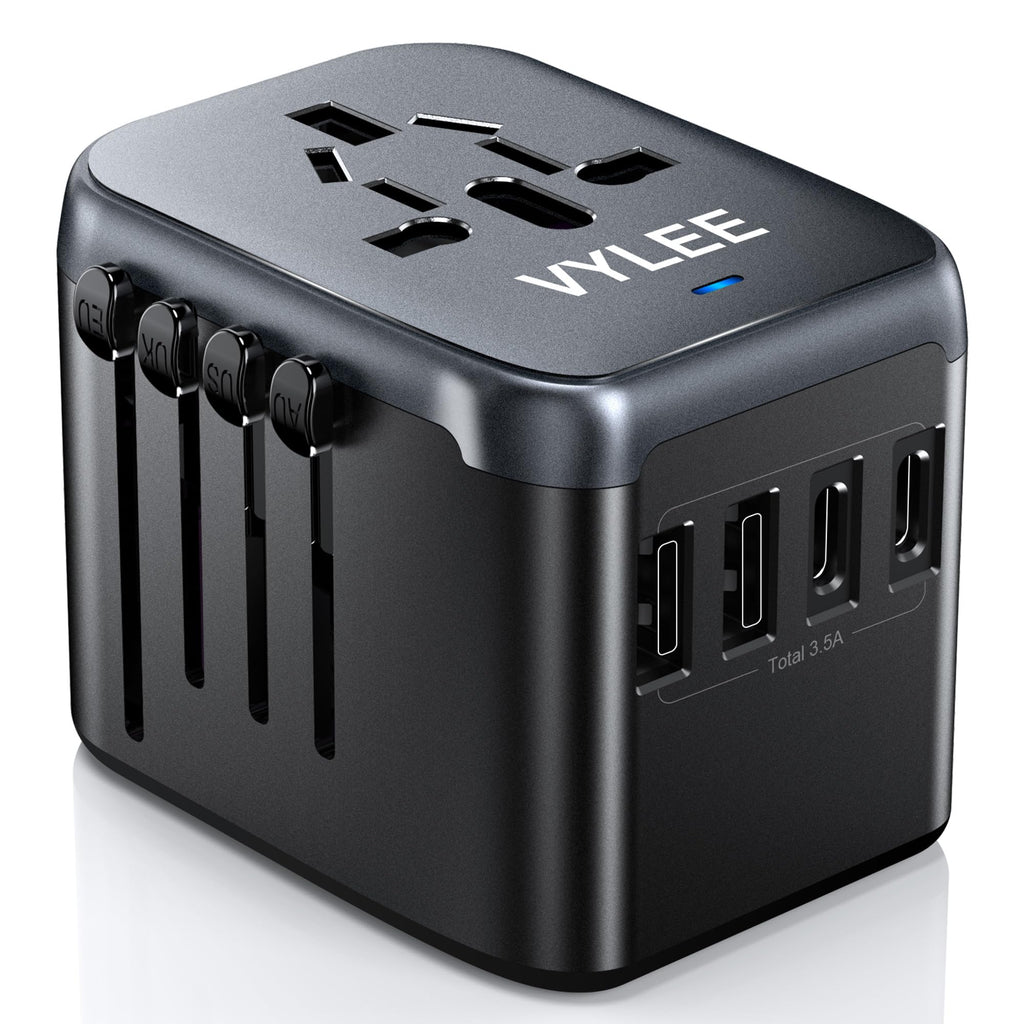 VYLEE Universal Travel Adapter, 5 in 1 International Power Adapter with 3.5A 2xUSB-A & 2xUSB-C Ports, Travel Plug Adapter Worldwide for Europe USA UK AUS Travel Essentials (Black Grey)