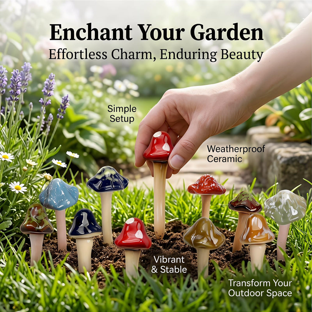 csjzzt 10 Pack Ceramic Mushroom Garden Decor, Outdoor Fairy Garden Ornament