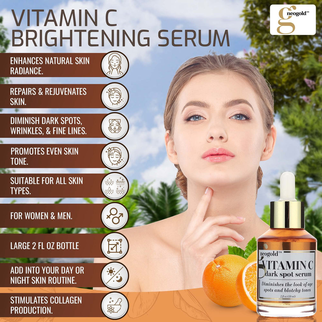 Neogold Brightening Vitamin C Face Serum Anti Aging Eye Serum | Fragrance Free Potent Vitamin C Face Moisturizer Facial Serum For Women, Acne, Dark Spot Treatment, Wrinkles, Uneven Skin Tone, 2 Fl Oz