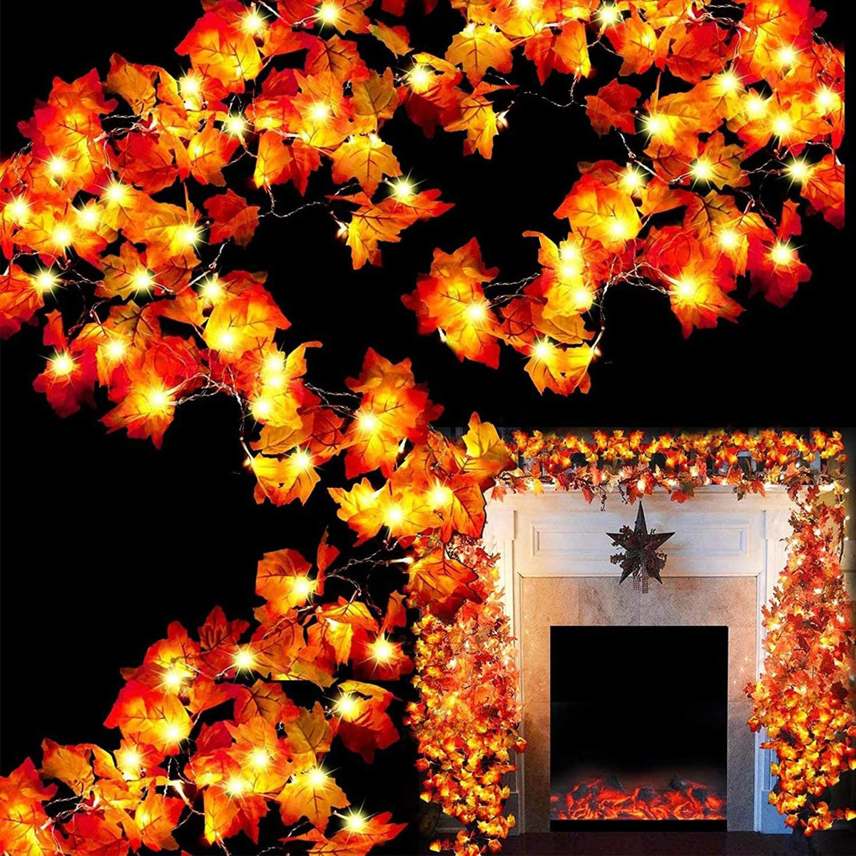 TURNMEON 6 Pack Fall Garland with Lights Enlarged Maple Leaves 60Ft 120LED