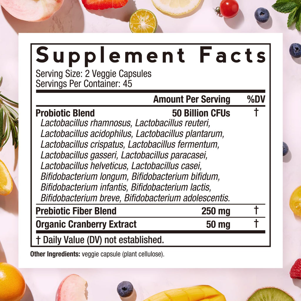 Doctor's Recipes Women's Probiotic, 90 Caps 50 Billion CFU 16 Strains, with Organic Cranberry, Shelf Stable, Delayed Release, No Soy Gluten Dairy