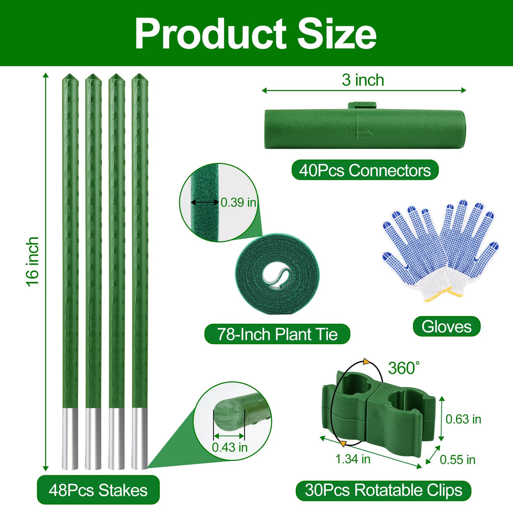 WAENLIR Garden Stakes16 Inch 48 Pack, Tomato cage DIY 4ft 5ft 6ft 7ft 8ft Plant Support Stakes with Connectors and Clips, Plastic Coated Metal Sticks for Tomato Indoor Outdoor