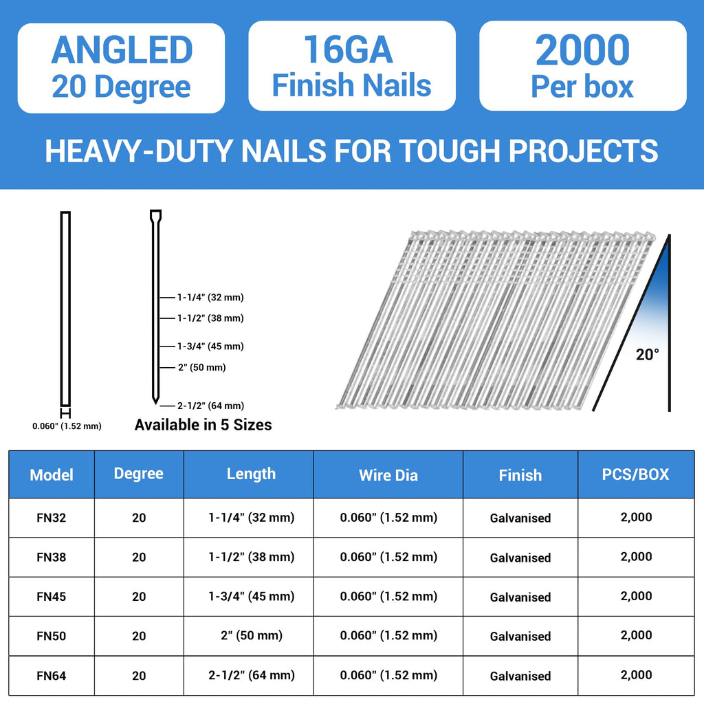 meite 16 Gauge 20 Degree Angled Finish Nails 2 Inch Leg Galvanized No-rust Finishing Nails for Finish Nailer Gun - Cabinet Crown Baseboard 10,000PCS