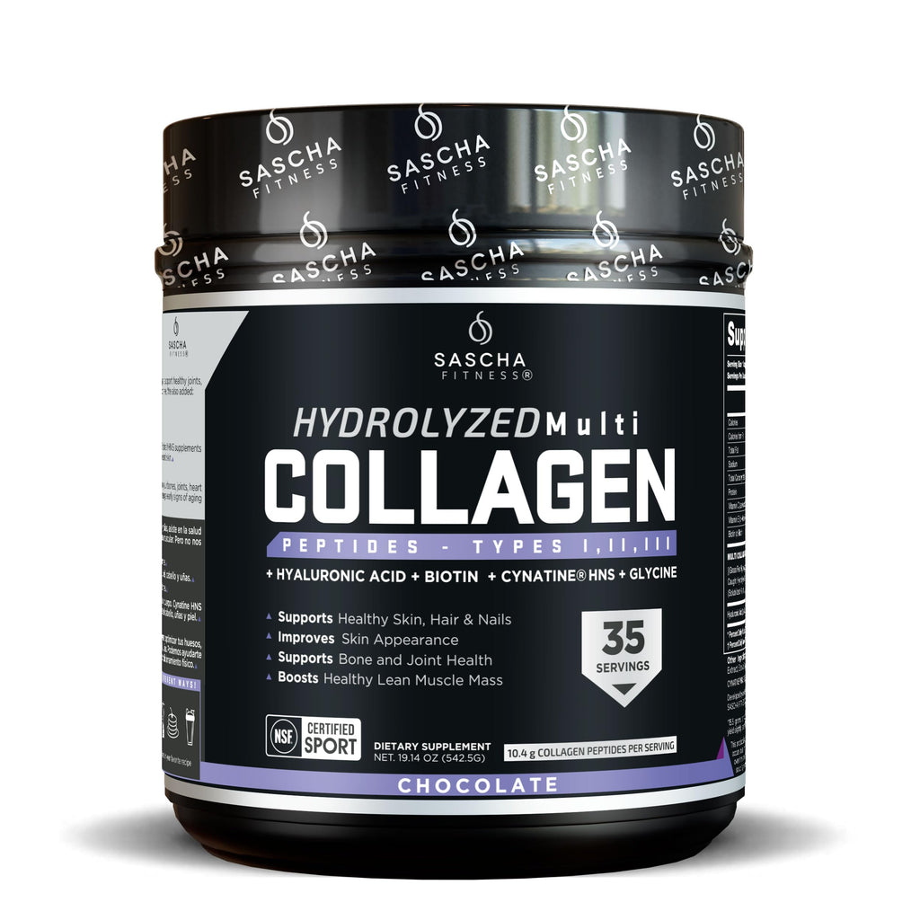 SASCHA FITNESS Hydrolyzed Multi Collagen Peptides Tipes 1,2 & 3 |Hyaluronic Acid|Biotin Cynatine HSN|Vitamin C & E |for Hairs, Skin & Bone Support|Chocolate Flavor