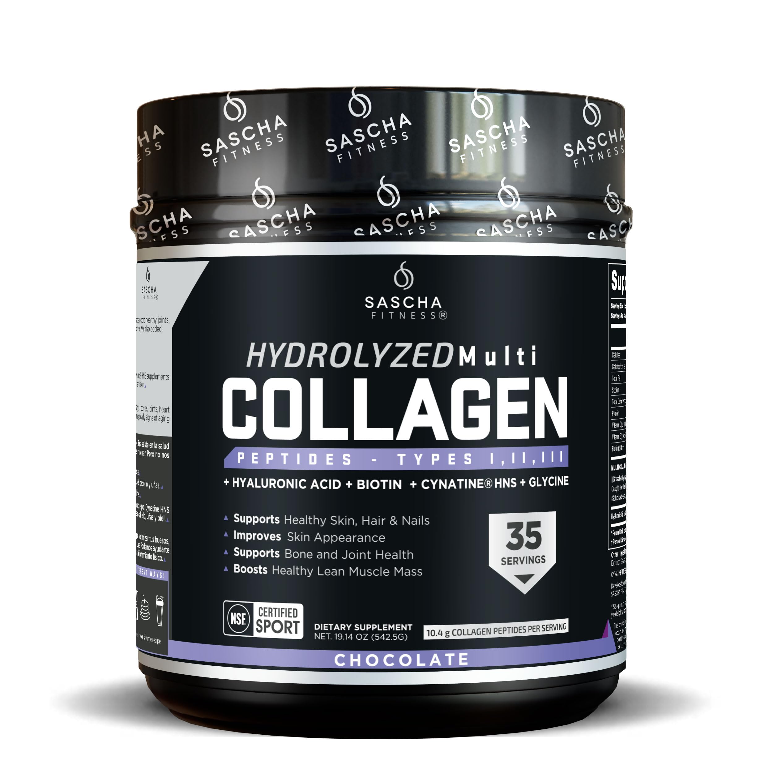 SASCHA FITNESS Hydrolyzed Multi Collagen Peptides Tipes 1,2 & 3 |Hyaluronic Acid|Biotin Cynatine HSN|Vitamin C & E |for Hairs, Skin & Bone Support|Chocolate Flavor