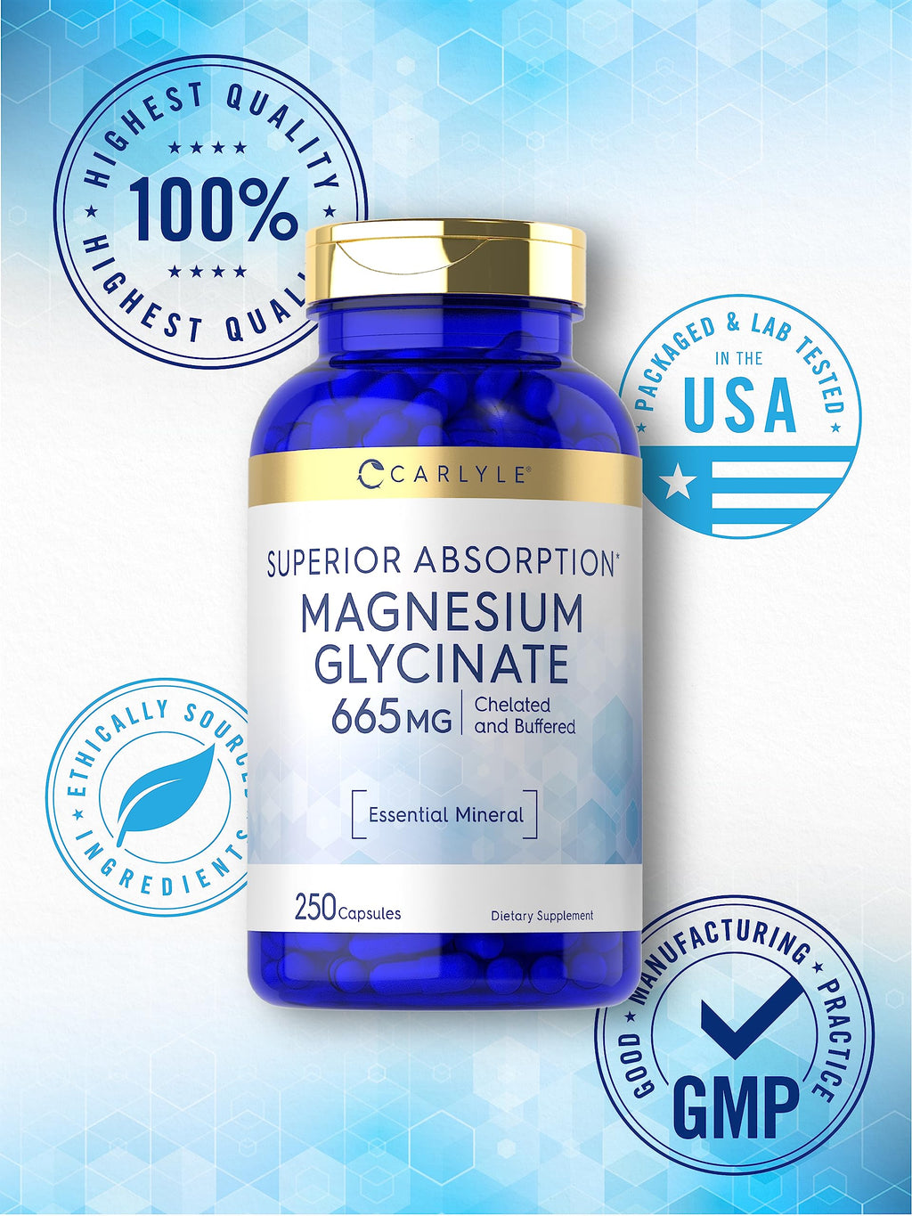 Carlyle Magnesium Glycinate | 665 mg | 250 Capsules | Non-GMO and Gluten Free Formula | Essential Buffered Mineral Supplement