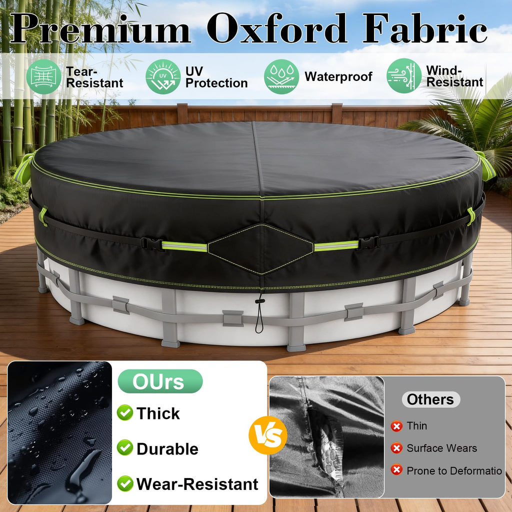 12Ft Round Pool Cover for Above Ground Pools, Safety Solar Pool Covers with Reflective Strips, Rope and Luminous Nails, Upgraded Thicker Oxford, PU Tarp Snug, UV Protected, Windproof, Tear Resistant