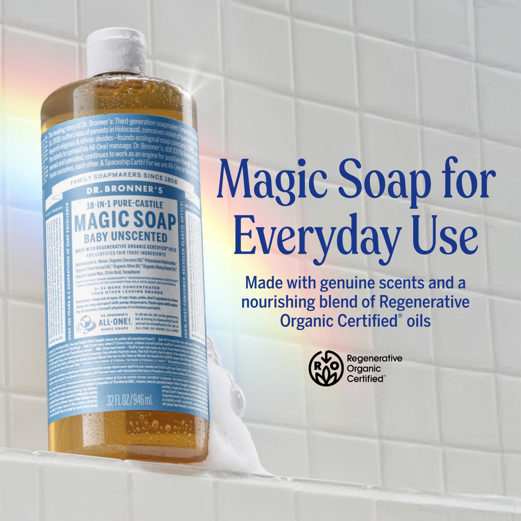 Dr. Bronner's Magic Soap-Pure-Castile Liquid Soap (Baby Unscented, 32 ounce, 2-Pack)-Regenerative Organic Certified Oils, 18-in-1 Uses: Body, Laundry & Dishes, For Sensitive Skin, No Fragrance