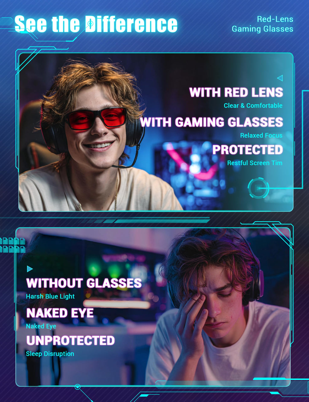 TIJN Sleep Glasses for Blue & Green Light Blocking,Red Lens Dual AR Coating,Wraparound Oversized for Screen,Computer & Gaming,Upgraded Jet Black