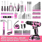Pink Power Drill Tool Kit Set: 20V Cordless Electric Drill, Driver, Tool Box with Battery