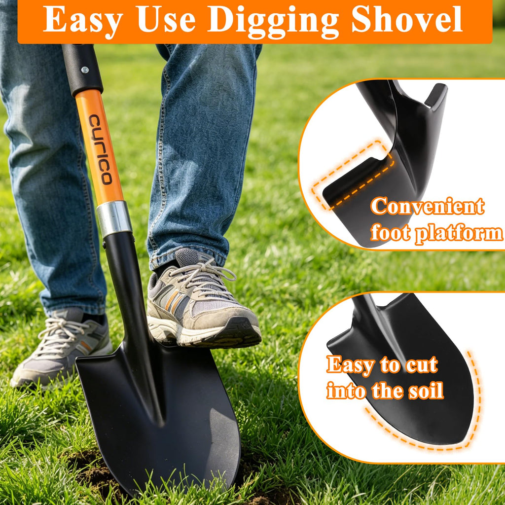Cyrico 28 Inch Shovel for Digging, Heavy Duty Round Point Garden Shovel with D-Handle Fiberglass Handle, Portable Small Shovel for Gardening Landscaping Camping Snow Removal Beach Car Emergency Tool