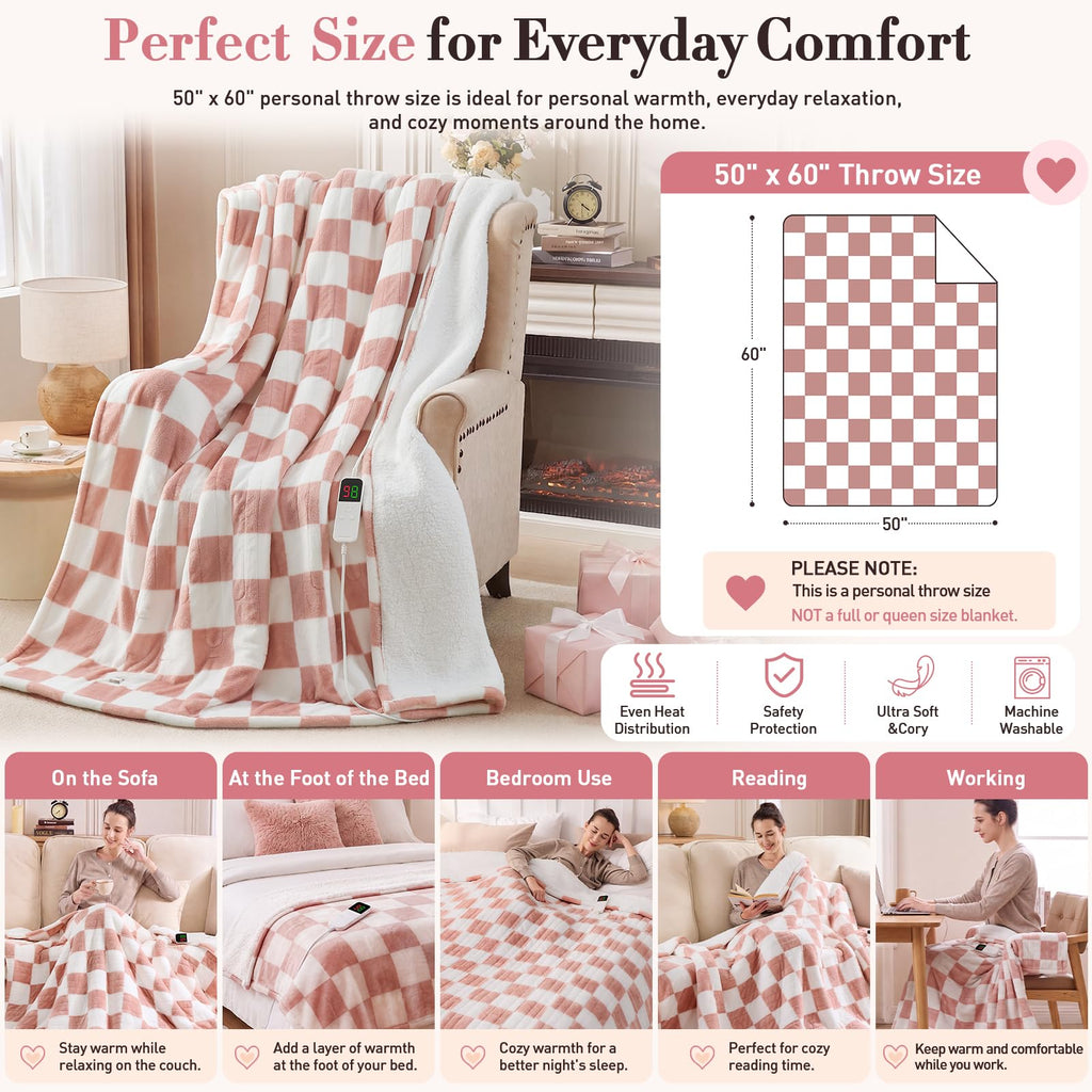 RAYVOICE Pink Heated Blanket Electric Throw 50"X60", Heating Blanket Throw