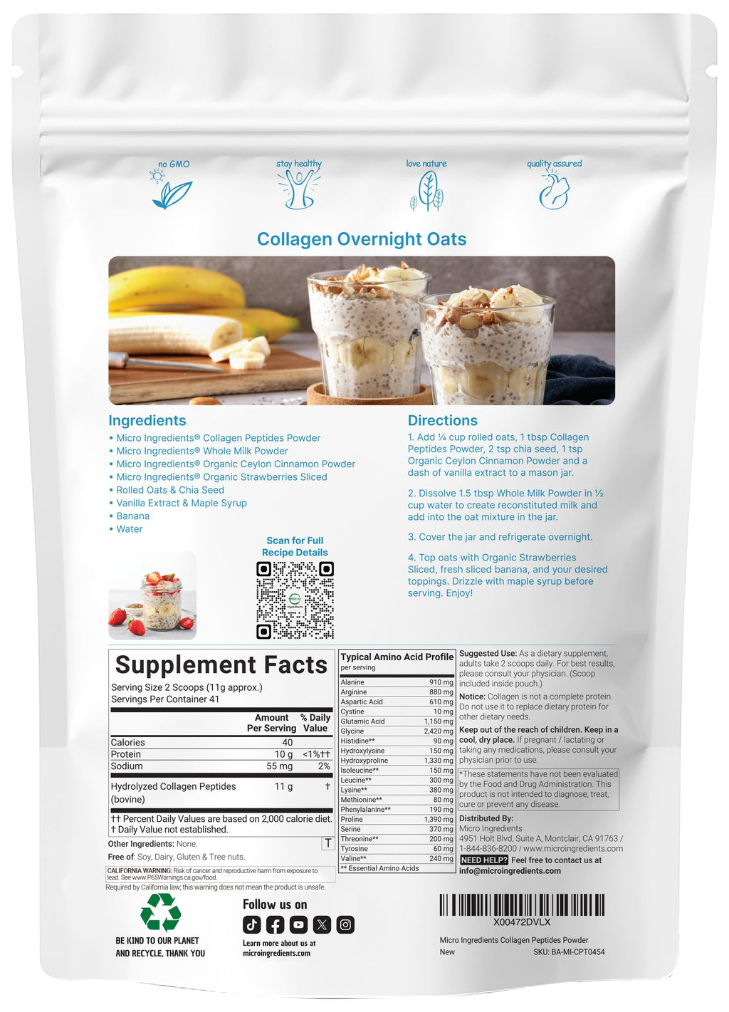 Micro Ingredients Bovine Collagen Peptides Powder, 1lb | Type I & III + Natural Protein | Grass-Fed Bovine Source | Unflavored | Paleo, Non-GMO
