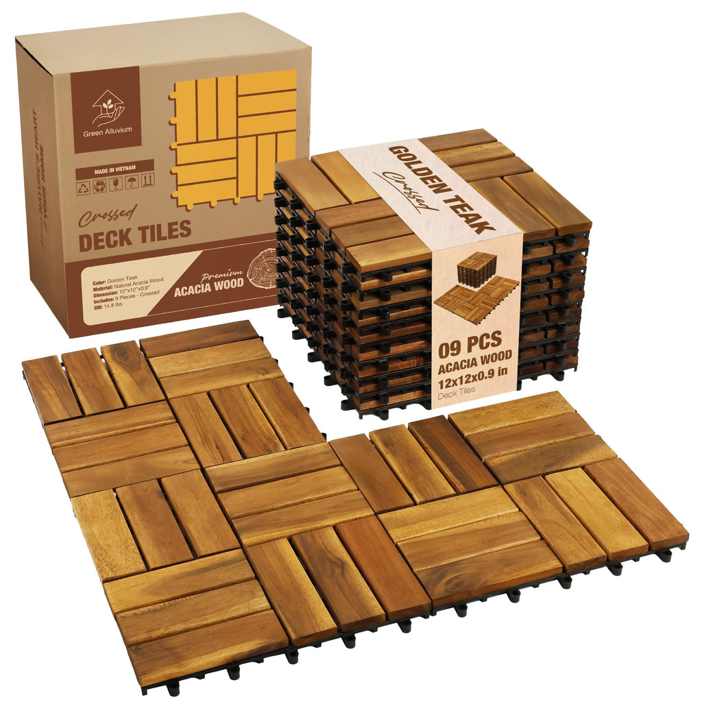 GREEN ALLUVIUM Premium Acacia Wood Interlocking Deck Tiles, 9 PCS 12"x12"x0.9" Patio Flooring, Waterproof Decking Tiles for Balcony, Backyard & Patio, All Weather Use (Golden Teak - Crossed Pattern)
