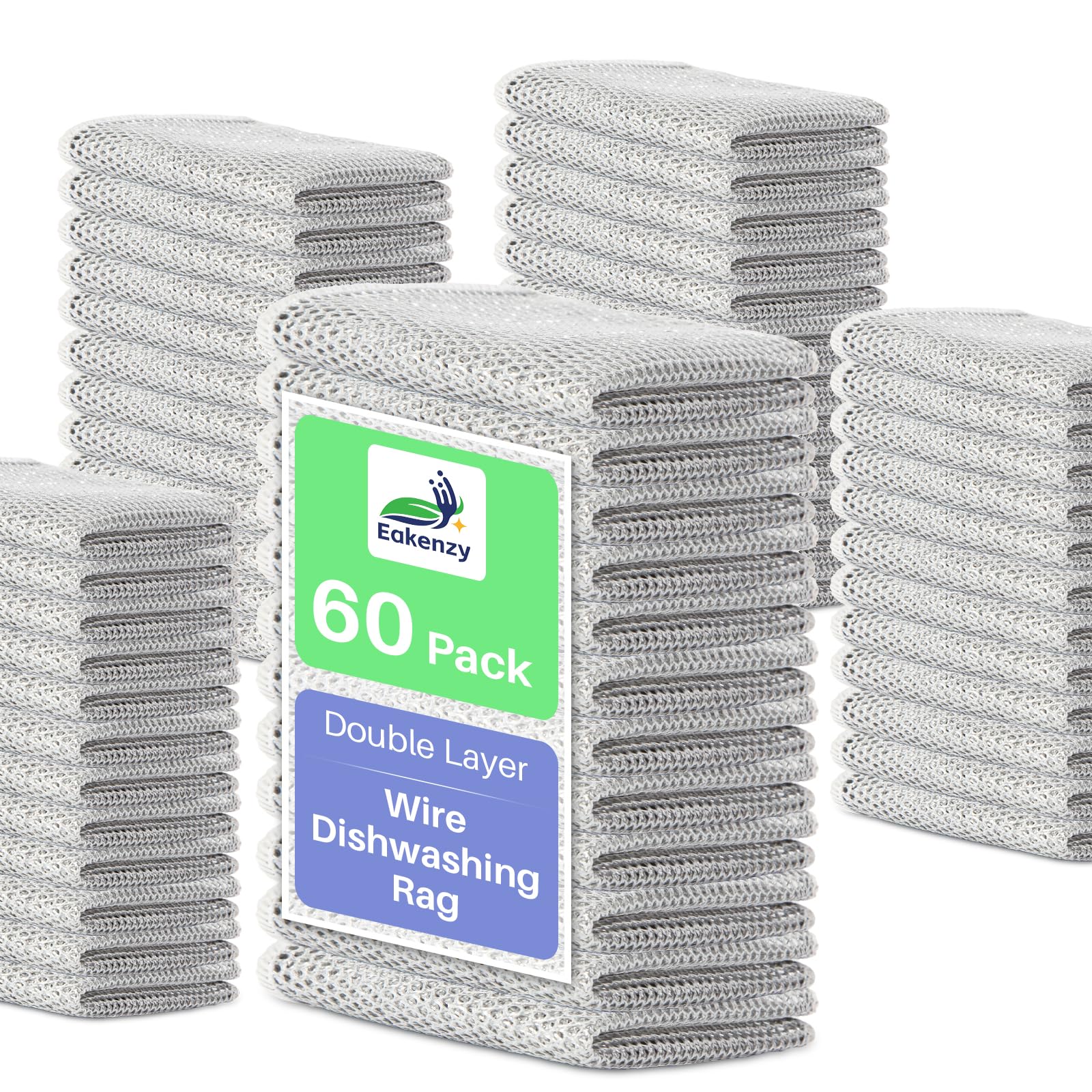 Eakenzy Non Scratch Wire Dishcloth, Multipurpose Wire Dishwashing Rag for Wet and Dry, Steel Cloth for Washing Dishes, Rust Removal Cleaning Cloth Kitchen, No Odor, Double Layer, 60 Pack