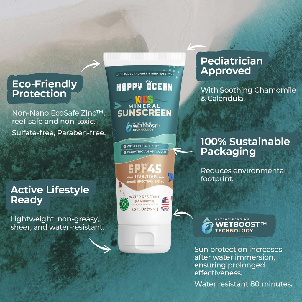 Happy Ocean SPF 45 Reef Safe Mineral Sunscreen for Kids & Sensitive Skin with Non-Nano Zinc Oxide, Non Toxic Kids Sunscreen for Face & Body, Natural Organic Sunblock, Travel Size, Vegan 2.5 Fl Oz