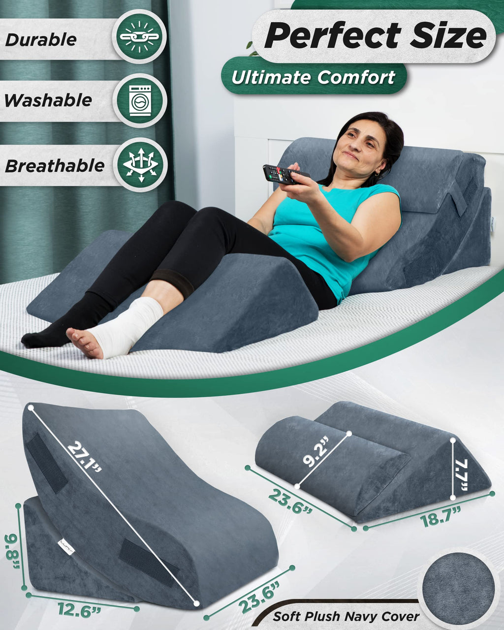 Lunix LX5 4pcs Orthopedic Bed Wedge Pillow Set with Washable Cover, After Surgery Memory Foam Support, Oeko-TEX Certified, Comfort for Sleep and Recovery, with Hot/Cold Pack & Vacuum Bags, Stone Navy