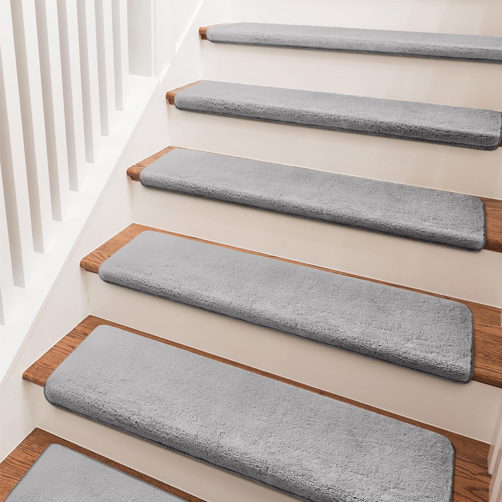 PURE ERA Carpet Stair Treads Ultra Plush 9.5" X 30"Soft Bullnose Indoor Stair Protectors Pet-Friendly Non-Slip Skid Resistant Tape Free Washable Reusable(2 Pieces,Gray)