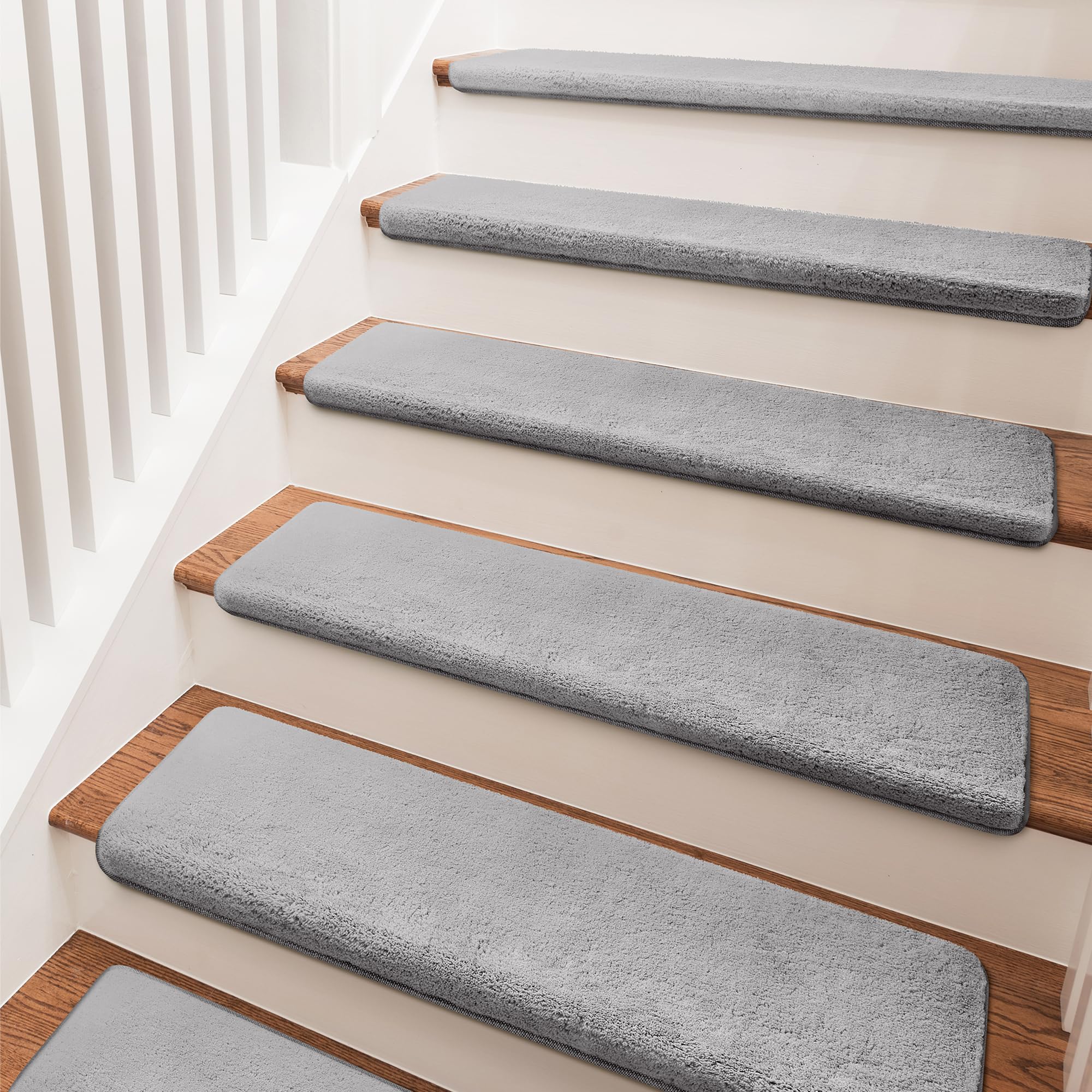 PURE ERA Carpet Stair Treads Ultra Plush 9.5" X 30"Soft Bullnose Indoor Stair Protectors Pet-Friendly Non-Slip Skid Resistant Tape Free Washable Reusable(2 Pieces,Gray)