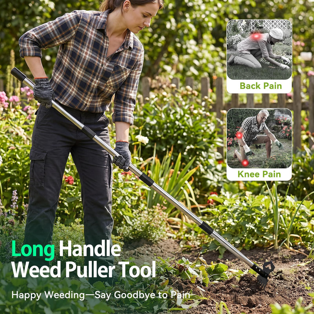 60" Weed Puller Tool with Long Handle, 2-in-1 Weed Rake & Garden Hoe, Stand Up Weeding Tools Gardening, Heavy Duty Steel Weeder Tool, Manual Uprooting Weed Remover Tool for Yard, Lawn, Patio, Garden
