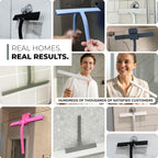 GÜTEWERK Silicone Shower Squeegee for Glass Doors & Mirrors with Stainless Steel Core, Streak-Free & No-Squeak Window Cleaning, 3-in-1 No-Drill Mount (Hook/Suction/Adhesive),Black, 15 Inches