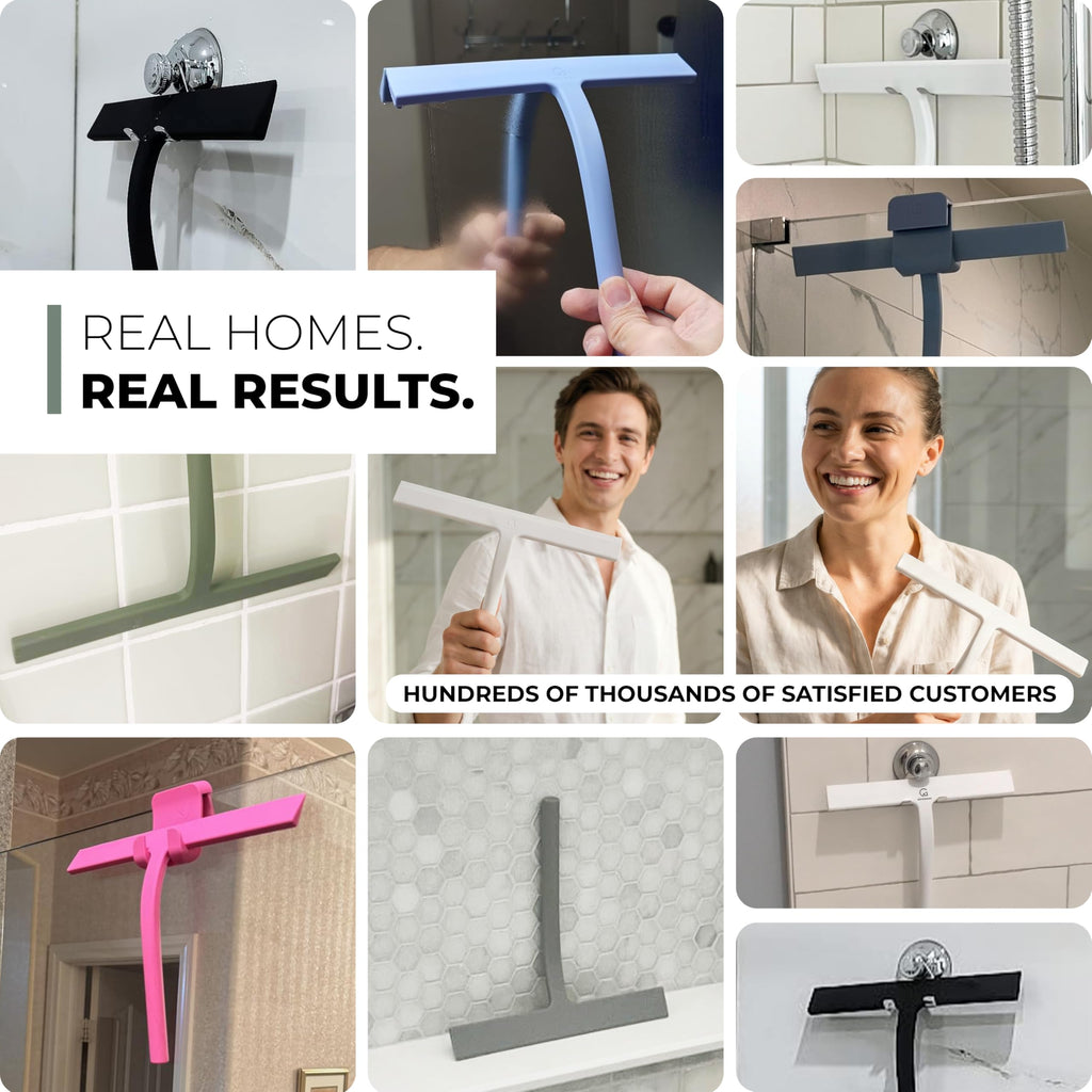 GÜTEWERK Silicone Shower Squeegee for Glass Doors & Mirrors with Stainless Steel Core, Streak-Free & No-Squeak Window Cleaning, 3-in-1 No-Drill Mount (Hook/Suction/Adhesive),White, 15 Inches