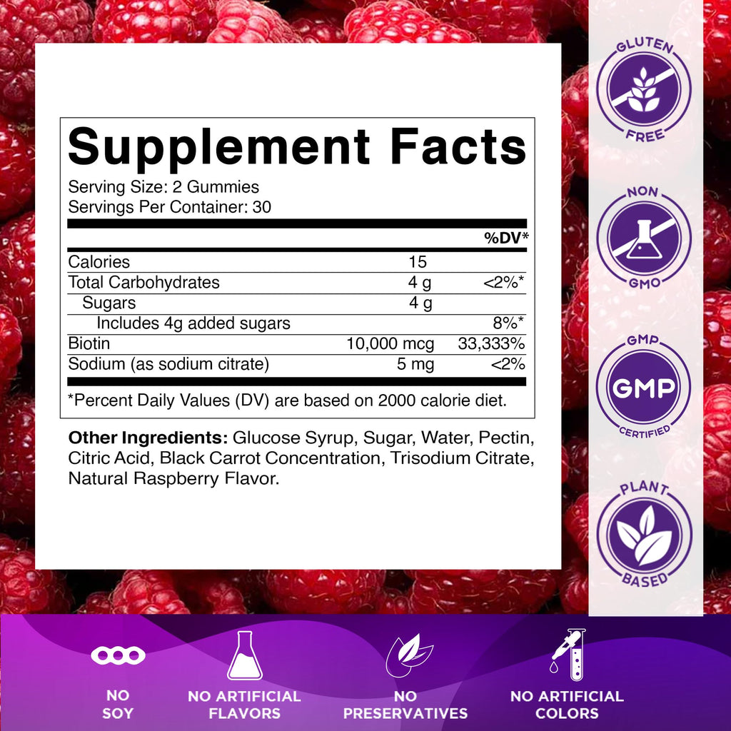 Vitamatic Biotin Gummies 10,000 mcg for Stronger Hair, Skin & Nails - 60 Vegan Gummies - Also Called Vitamin B7 (3 Bottles)