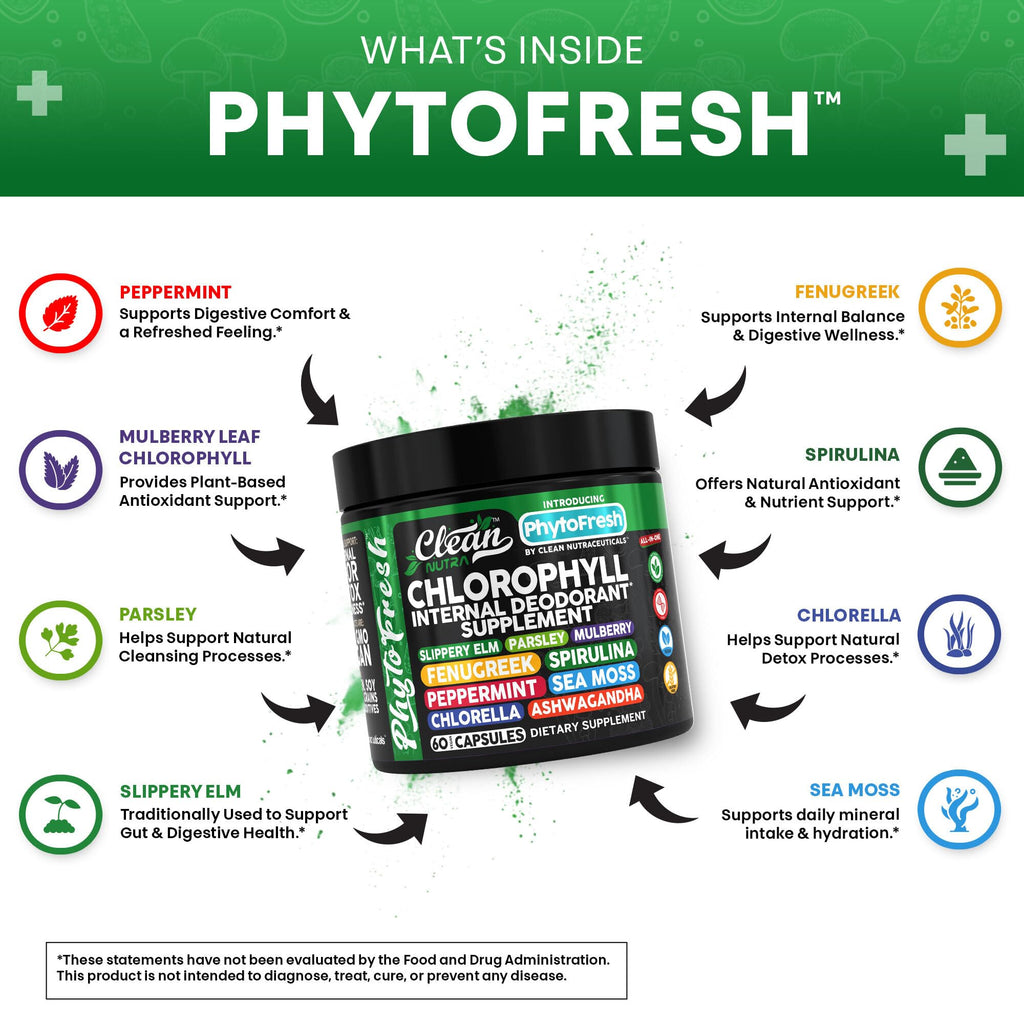 Clean Nutra Chlorophyll Capsules Supplement Internal Deodorant Peppermint, Sea Moss, Parsley, Chlorella, Spirulina, Slippery Elm, Ashwagandha, PhytoFresh Greens Detox Pills