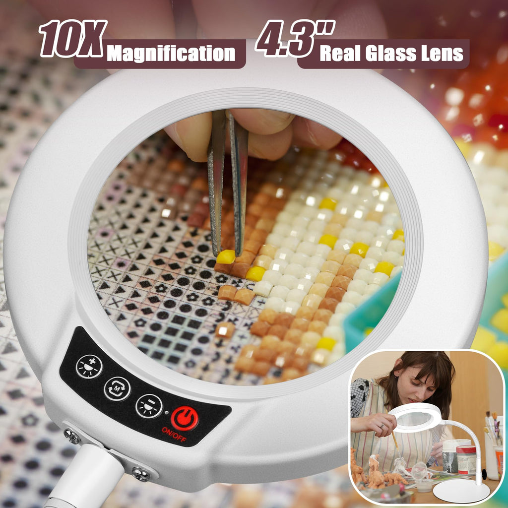 Krstlv 10X Magnifying Glass with Light and Stand, 16.5in Flexible Goose-Neck, 5 Color Modes Stepless Dimmable LED Lighted Desk Lamp, Hands Free Magnifier for Crafting Hobby Painting Close Work - White