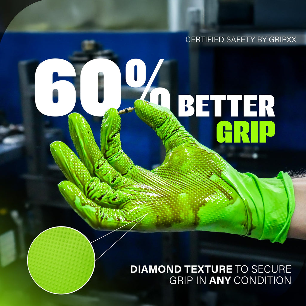 GRIPXX Herkules Grip Heavy Duty 8Mil Green Nitrile Gloves,3D Raised Diamond Texture-Latex & Powder Free-Industrial, Mechanic | Bulk Case of (1000 CT)